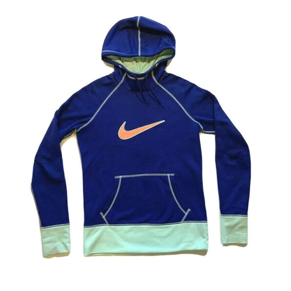 Nike Therma-Fit‎ Hoodie Sweatshirt Center Swoosh Fleece Lined Thumbholes Blue S